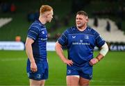 19 April 2025; Ciarán Frawley, left, and Tadhg Furlong after the United Rugby Championship match between Leinster and Ulster at the Aviva Stadium in Dublin. Photo by Brendan Moran/Sportsfile