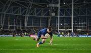 19 April 2025; Garry Ringrose of Leinster scores his side's fourth try during the United Rugby Championship match between Leinster and Ulster at the Aviva Stadium in Dublin. Photo by Brendan Moran/Sportsfile