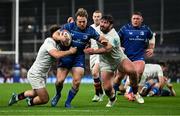 19 April 2025; Liam Turner of Leinster is tackled by Wilhelm De Klerk, left, and Tom O’Toole of Ulster during the United Rugby Championship match between Leinster and Ulster at the Aviva Stadium in Dublin. Photo by Brendan Moran/Sportsfile