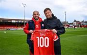 21 April 2025; Mark Coyle of Shelbourne is presented with a jersey by Shelbourne manager Damien Duff to mark his 100th appearance before the SSE Airtricity Men's Premier Division match between Shelbourne and Galway United at Tolka Park in Dublin. Photo by Sam Barnes/Sportsfile