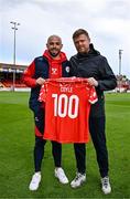 21 April 2025; Mark Coyle of Shelbourne is presented with a jersey by Shelbourne manager Damien Duff to mark his 100th appearance before the SSE Airtricity Men's Premier Division match between Shelbourne and Galway United at Tolka Park in Dublin. Photo by Sam Barnes/Sportsfile