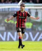 21 April 2025; Colm Whelan of Bohemians reacts to a decision from referee Rob Harvey during the SSE Airtricity Men's Premier Division match between Shamrock Rovers and Bohemians at Tallaght Stadium in Dublin. Photo by Stephen McCarthy/Sportsfile
