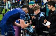 19 April 2025; Alex Soroka of Leinster signs autographs after the United Rugby Championship match between Leinster and Ulster at the Aviva Stadium in Dublin. Photo by Brendan Moran/Sportsfile