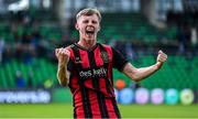 21 April 2025; Rhys Brennan of Bohemians celebrates after his side's victory in the SSE Airtricity Men's Premier Division match between Shamrock Rovers and Bohemians at Tallaght Stadium in Dublin. Photo by Stephen McCarthy/Sportsfile