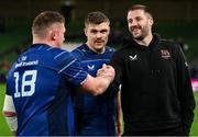 19 April 2025; Stuart McCloskey of Ulster, right, with Leinster players Tadhg Furlong, left, and Garry Ringrose after the United Rugby Championship match between Leinster and Ulster at the Aviva Stadium in Dublin. Photo by Brendan Moran/Sportsfile