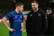 19 April 2025; Stuart McCloskey of Ulster, right, and Garry Ringrose of Leinster after the United Rugby Championship match between Leinster and Ulster at the Aviva Stadium in Dublin. Photo by Brendan Moran/Sportsfile