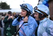 21 April 2025; Jockeys Danny Mullins and Paul Townend before the Rathbarry & Glenview Studs Hurdle on day three of the Fairyhouse Easter Festival at Fairyhouse Racecourse in Ratoath, Meath. Photo by David Fitzgerald/Sportsfile