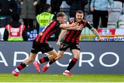 21 April 2025; Rhys Brennan of Bohemians, left, celebrates with team-mate Adam McDonnell after scoring their side's third goal during the SSE Airtricity Men's Premier Division match between Shamrock Rovers and Bohemians at Tallaght Stadium in Dublin. Photo by Stephen McCarthy/Sportsfile