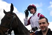 21 April 2025; Jockey Danny Gilligan celebrates on Maxxum after winning the Rathbarry & Glenview Studs Hurdle on day three of the Fairyhouse Easter Festival at Fairyhouse Racecourse in Ratoath, Meath. Photo by David Fitzgerald/Sportsfile