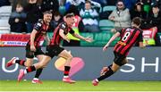 21 April 2025; Rhys Brennan of Bohemians, centre, after scoring their side's third goal during the SSE Airtricity Men's Premier Division match between Shamrock Rovers and Bohemians at Tallaght Stadium in Dublin. Photo by Stephen McCarthy/Sportsfile