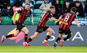 21 April 2025; Rhys Brennan of Bohemians, centre, after scoring their side's third goal during the SSE Airtricity Men's Premier Division match between Shamrock Rovers and Bohemians at Tallaght Stadium in Dublin. Photo by Stephen McCarthy/Sportsfile