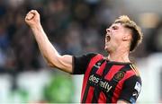 21 April 2025; Leigh Kavanagh of Bohemians celebrates after the SSE Airtricity Men's Premier Division match between Shamrock Rovers and Bohemians at Tallaght Stadium in Dublin. Photo by Stephen McCarthy/Sportsfile