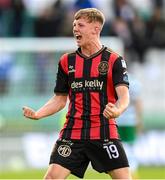 21 April 2025; Rhys Brennan of Bohemians celebrates after during the SSE Airtricity Men's Premier Division match between Shamrock Rovers and Bohemians at Tallaght Stadium in Dublin. Photo by Stephen McCarthy/Sportsfile