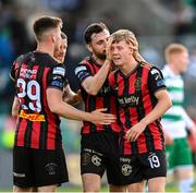 21 April 2025; Rhys Brennan of Bohemians, right, celebrates with team-mates Jordan Flores, second from right, Adam McDonnell, second from left, and Sean Grehan after during the SSE Airtricity Men's Premier Division match between Shamrock Rovers and Bohemians at Tallaght Stadium in Dublin. Photo by Stephen McCarthy/Sportsfile