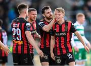 21 April 2025; Rhys Brennan of Bohemians, right, celebrates with team-mates Jordan Flores, second from right, Adam McDonnell, second from left, and Sean Grehan after during the SSE Airtricity Men's Premier Division match between Shamrock Rovers and Bohemians at Tallaght Stadium in Dublin. Photo by Stephen McCarthy/Sportsfile