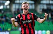 21 April 2025; Rhys Brennan of Bohemians celebrates after during the SSE Airtricity Men's Premier Division match between Shamrock Rovers and Bohemians at Tallaght Stadium in Dublin. Photo by Stephen McCarthy/Sportsfile