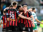 21 April 2025; Rhys Brennan of Bohemians, right, celebrates with team-mates Jordan Flores, centre, and Sean Grehan after during the SSE Airtricity Men's Premier Division match between Shamrock Rovers and Bohemians at Tallaght Stadium in Dublin. Photo by Stephen McCarthy/Sportsfile