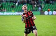 21 April 2025; Rhys Brennan of Bohemians celebrates after during the SSE Airtricity Men's Premier Division match between Shamrock Rovers and Bohemians at Tallaght Stadium in Dublin. Photo by Stephen McCarthy/Sportsfile