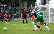 21 April 2025; Graham Burke of Shamrock Rovers in action against Rhys Brennan of Bohemians during the SSE Airtricity Men's Premier Division match between Shamrock Rovers and Bohemians at Tallaght Stadium in Dublin. Photo by Stephen McCarthy/Sportsfile