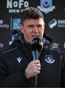 21 April 2025; Drogheda United manager Kevin Doherty is interviewed by LOI TV before the SSE Airtricity Men's Premier Division match between Drogheda United and St Patrick's Athletic at Sullivan & Lambe Park in Drogheda, Louth. Photo by Shauna Clinton/Sportsfile