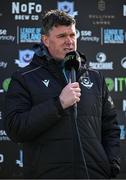 21 April 2025; Drogheda United manager Kevin Doherty is interviewed by LOI TV before the SSE Airtricity Men's Premier Division match between Drogheda United and St Patrick's Athletic at Sullivan & Lambe Park in Drogheda, Louth. Photo by Shauna Clinton/Sportsfile