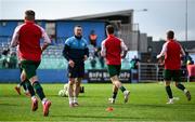 21 April 2025; St Patrick's Athletic head of performance Graham Byrne looks on as players warm-up before the SSE Airtricity Men's Premier Division match between Drogheda United and St Patrick's Athletic at Sullivan & Lambe Park in Drogheda, Louth. Photo by Shauna Clinton/Sportsfile