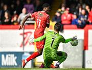 21 April 2025; Mipo Odubeko of Shelbourne has his shot saved by Galway United goalkeeper Brendan Clarke during the SSE Airtricity Men's Premier Division match between Shelbourne and Galway United at Tolka Park in Dublin. Photo by Sam Barnes/Sportsfile