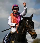 21 April 2025; Sean Bowen celebrates onboard Haiti Couleurs after winning the BoyleSports Irish Grand National Chase on day three of the Fairyhouse Easter Festival at Fairyhouse Racecourse in Ratoath, Meath. Photo by David Fitzgerald/Sportsfile