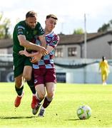 21 April 2025; Warren Davis of Drogheda United in action against Ryan McLaughlin of St Patrick's Athletic during the SSE Airtricity Men's Premier Division match between Drogheda United and St Patrick's Athletic at Sullivan & Lambe Park in Drogheda, Louth. Photo by Shauna Clinton/Sportsfile