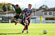 21 April 2025; Warren Davis of Drogheda United in action against Ryan McLaughlin of St Patrick's Athletic during the SSE Airtricity Men's Premier Division match between Drogheda United and St Patrick's Athletic at Sullivan & Lambe Park in Drogheda, Louth. Photo by Shauna Clinton/Sportsfile