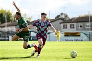 21 April 2025; Warren Davis of Drogheda United in action against Ryan McLaughlin of St Patrick's Athletic during the SSE Airtricity Men's Premier Division match between Drogheda United and St Patrick's Athletic at Sullivan & Lambe Park in Drogheda, Louth. Photo by Shauna Clinton/Sportsfile