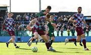 21 April 2025; Mason Melia of St Patrick's Athletic in action against James Bolger of Drogheda United during the SSE Airtricity Men's Premier Division match between Drogheda United and St Patrick's Athletic at Sullivan & Lambe Park in Drogheda, Louth. Photo by Shauna Clinton/Sportsfile