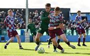 21 April 2025; Mason Melia of St Patrick's Athletic in action against James Bolger of Drogheda United during the SSE Airtricity Men's Premier Division match between Drogheda United and St Patrick's Athletic at Sullivan & Lambe Park in Drogheda, Louth. Photo by Shauna Clinton/Sportsfile