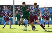21 April 2025; Mason Melia of St Patrick's Athletic in action against James Bolger of Drogheda United during the SSE Airtricity Men's Premier Division match between Drogheda United and St Patrick's Athletic at Sullivan & Lambe Park in Drogheda, Louth. Photo by Shauna Clinton/Sportsfile