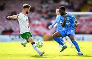 21 April 2025; James Olayinka of Waterford in action against Greg Bolger of Cork City during the SSE Airtricity Men's Premier Division match between Cork City and Waterford at Turners Cross in Cork. Photo by Seb Daly/Sportsfile