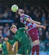 21 April 2025; Ryan Brennan of Drogheda United in action against Chris Forrester of St Patrick's Athletic during the SSE Airtricity Men's Premier Division match between Drogheda United and St Patrick's Athletic at Sullivan & Lambe Park in Drogheda, Louth. Photo by Shauna Clinton/Sportsfile
