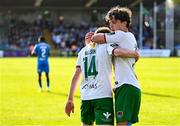 21 April 2025; Kitt Nelson of Cork City, left, celebrates with teammate Benny Couto after scoring their side's second goal during the SSE Airtricity Men's Premier Division match between Cork City and Waterford at Turners Cross in Cork. Photo by Seb Daly/Sportsfile