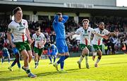21 April 2025; Kitt Nelson of Cork City, second from right, celebrates after scoring his side's second goal during the SSE Airtricity Men's Premier Division match between Cork City and Waterford at Turners Cross in Cork. Photo by Seb Daly/Sportsfile