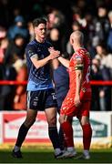 21 April 2025; Patrick Hickey of Galway United and Mark Coyle of Shelbourne shake hands after  the SSE Airtricity Men's Premier Division match between Shelbourne and Galway United at Tolka Park in Dublin. Photo by Sam Barnes/Sportsfile
