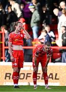 21 April 2025; Shelbourne players Harry Wood, left, and Evan Caffrey react at the final whistle following the SSE Airtricity Men's Premier Division match between Shelbourne and Galway United at Tolka Park in Dublin. Photo by Sam Barnes/Sportsfile