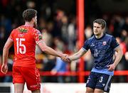 21 April 2025; Regan Donelon of Galway United and Sam Bone of Shelbourne shake hands after the SSE Airtricity Men's Premier Division match between Shelbourne and Galway United at Tolka Park in Dublin. Photo by Sam Barnes/Sportsfile