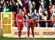 21 April 2025; Shelbourne players Harry Wood, left, and Evan Caffrey react at the final whistle following the SSE Airtricity Men's Premier Division match between Shelbourne and Galway United at Tolka Park in Dublin. Photo by Sam Barnes/Sportsfile