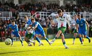 21 April 2025; Evan McLaughlin of Cork City scores his side's first goal from a penalty during the SSE Airtricity Men's Premier Division match between Cork City and Waterford at Turners Cross in Cork. Photo by Seb Daly/Sportsfile