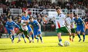 21 April 2025; Evan McLaughlin of Cork City scores his side's first goal from a penalty during the SSE Airtricity Men's Premier Division match between Cork City and Waterford at Turners Cross in Cork. Photo by Seb Daly/Sportsfile