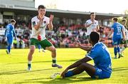 21 April 2025; Cathal O'Sullivan of Cork City celebrates in front of Waterford's Navajo Bakboord after his side won a penalty during the SSE Airtricity Men's Premier Division match between Cork City and Waterford at Turners Cross in Cork. Photo by Seb Daly/Sportsfile