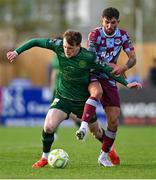 21 April 2025; Luke Heeney of Drogheda United in action against Conor Carty of St Patrick's Athletic during the SSE Airtricity Men's Premier Division match between Drogheda United and St Patrick's Athletic at Sullivan & Lambe Park in Drogheda, Louth. Photo by Shauna Clinton/Sportsfile