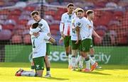 21 April 2025; Cork City players Rio Shipston, left, and Evan McLaughlin celebrate at the final whistle after their side's victory in the SSE Airtricity Men's Premier Division match between Cork City and Waterford at Turners Cross in Cork. Photo by Seb Daly/Sportsfile