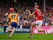 20 April 2025; Brian Hayes of Cork in action against Darragh Lohan of Clare during the Munster GAA Hurling Senior Championship Round 1 match between Clare and Cork at Zimmer Biomet Páirc Chíosóg in Ennis, Clare. Photo by Brendan Moran/Sportsfile