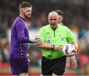 19 April 2025; Referee Declan Troy during the FAI Intermediate Cup final match between College Corinthians AFC and Ringmahon Rangers FC at Turners Cross Stadium in Cork. Photo by Michael P Ryan/Sportsfile