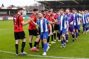 19 April 2025; Both teams during the pre-match handshake during the FAI Intermediate Cup final match between College Corinthians AFC and Ringmahon Rangers FC at Turners Cross Stadium in Cork. Photo by Michael P Ryan/Sportsfile